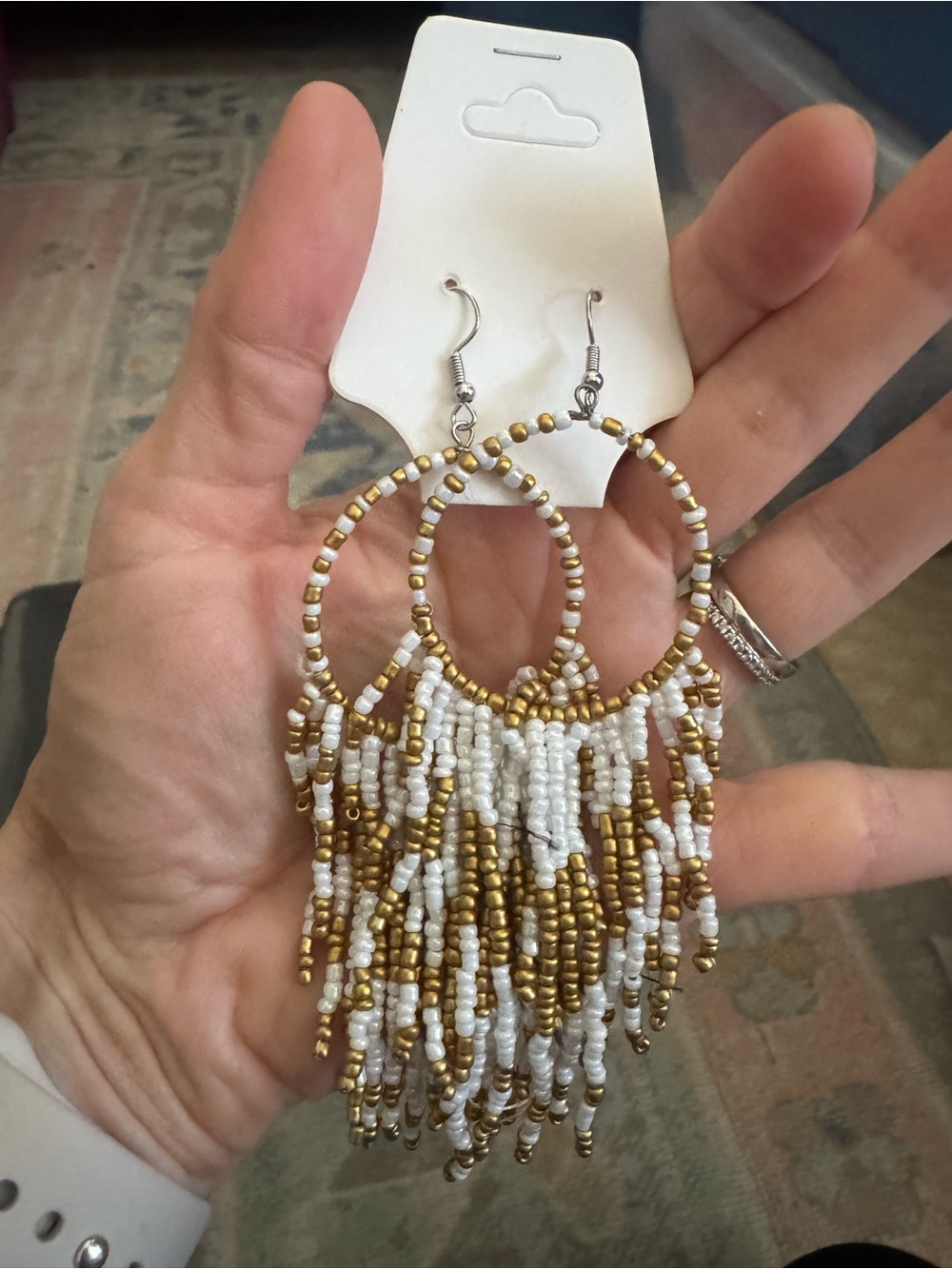 Beaded Fringe Hoop Earrings in White and Gold boho